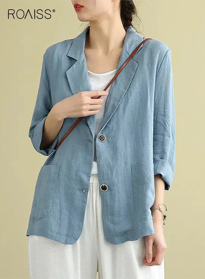 رويس سترة نسائية من الكتان قابلة للتهوية للربيع والصيف، فضفاضة، غير رسمية، بأكمام طويلة، واقية من الشمس، متعددة الاستخدامات، على الطراز البوهيمي، خفيفة الوزن - Image 1