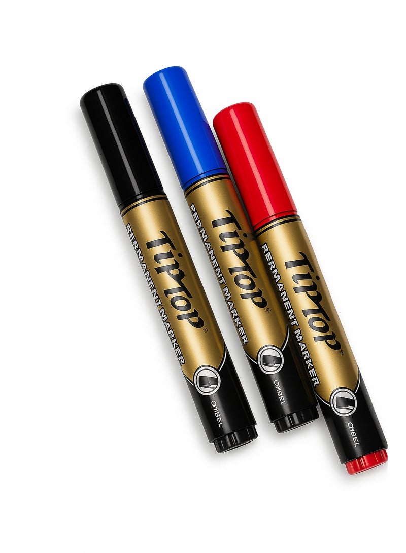 Tiptops Permanent Marker Set – 3 Bold Colors (Black, Blue, Red) – Quick-Dry, Smudge-Proof, Long-Lasting Ink for Office, School & Home Use (PACK OF 10) - Image 1