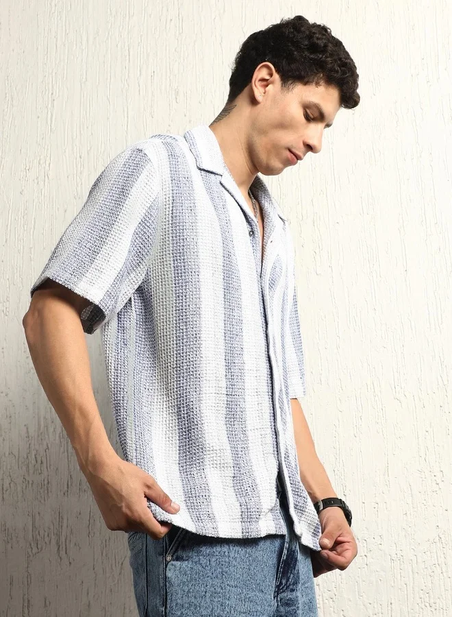 Hubberholme  Men's Blue Cotton Blend Striped Button Down Oversized Shirt for Men | Best Price UAE