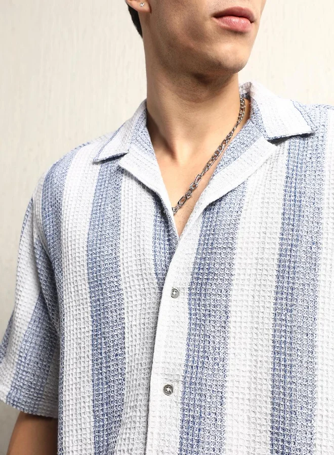 Hubberholme Men's Blue Cotton Blend Striped Button Down Oversized Shirt