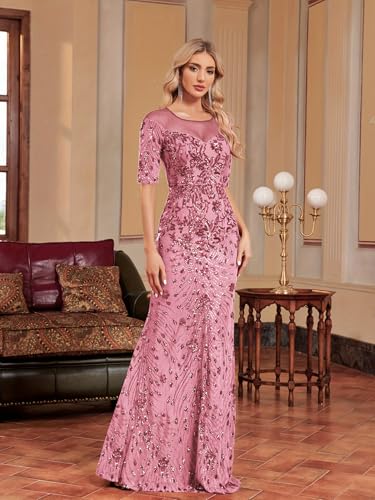 XUIBOL Short Sleeve Glitter Mermaid Evening Dress for Mother of The Bride Patchwork Women's Sequin Formal Gown Pink XXL - Image 5