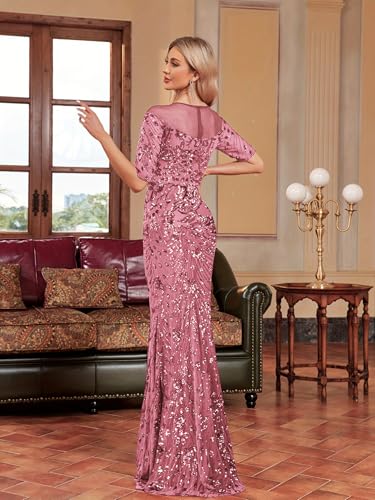 XUIBOL Short Sleeve Glitter Mermaid Evening Dress for Mother of The Bride Patchwork Women's Sequin Formal Gown Pink XXL - Image 2