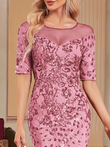 XUIBOL Short Sleeve Glitter Mermaid Evening Dress for Mother of The Bride Patchwork Women's Sequin Formal Gown Pink XXL - Image 4