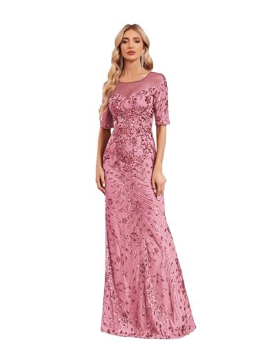 XUIBOL Short Sleeve Glitter Mermaid Evening Dress for Mother of The Bride Patchwork Women's Sequin Formal Gown Pink XXL - Image 1