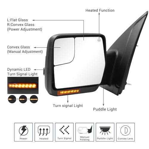Sanooer Towing Mirror for Ford F150 - Replacement fit for 2004-2014 Ford F-150 Pickup Truck with Power Adjusted Glass Heated LED Turn Signal Light Puddle Lamp Tow Mirror Pair - Image 3