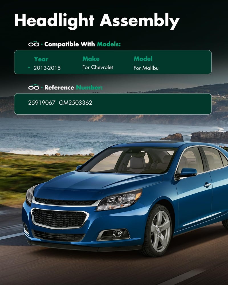 SCITOO Headlights For Chevy For Malibu 2013-2015 Headlamps Black Housing Amber Reflector Clear Lens Driver and Passenger Side - Image 5