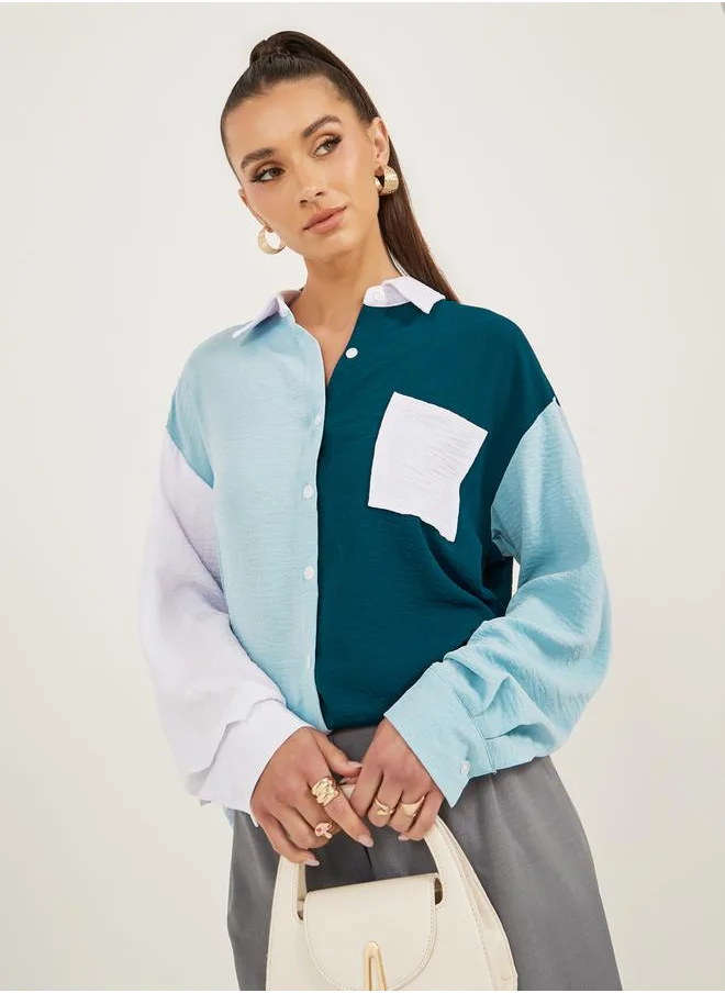 كوزى Color Block Patched Pocket Long Sleeve Shirt