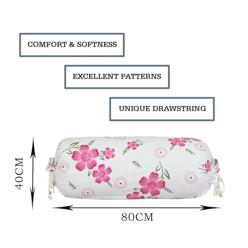 Kuber Industries Bolster Covers | Soft Cotton Bolster Cover Set | Bolster Pillow Covers | Pink Circle Flower Roll Masand Cover | Long Pillow Case | 16x32 Inch | Pack of 2 | White - Image 3