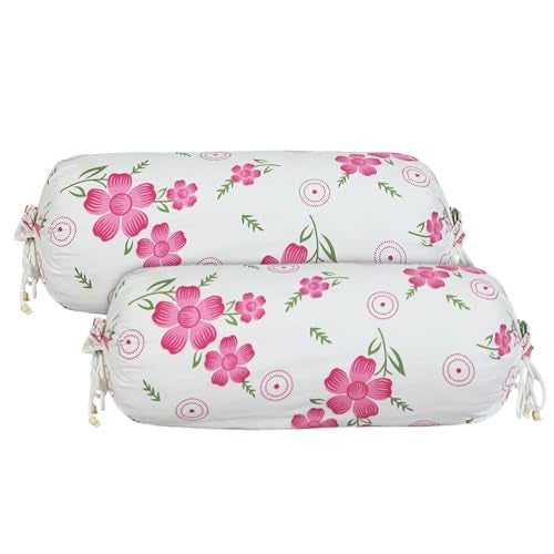 Kuber Industries Bolster Covers | Soft Cotton Bolster Cover Set | Bolster Pillow Covers | Pink Circle Flower Roll Masand Cover | Long Pillow Case | 16x32 Inch | Pack of 2 | White - Image 1