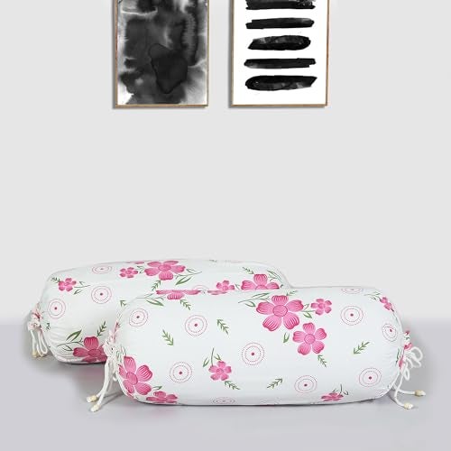 Kuber Industries Bolster Covers | Soft Cotton Bolster Cover Set | Bolster Pillow Covers | Pink Circle Flower Roll Masand Cover | Long Pillow Case | 16x32 Inch | Pack of 2 | White - Image 2