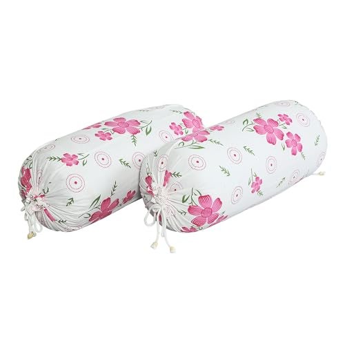 Kuber Industries Bolster Covers | Soft Cotton Bolster Cover Set | Bolster Pillow Covers | Pink Circle Flower Roll Masand Cover | Long Pillow Case | 16x32 Inch | Pack of 2 | White - Image 4