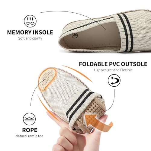 BABUDOG Womens Espadrilles Breathable Flats Shoes Mesh Slip on Loafers Soft White Flats(Beige.US5) - Image 2
