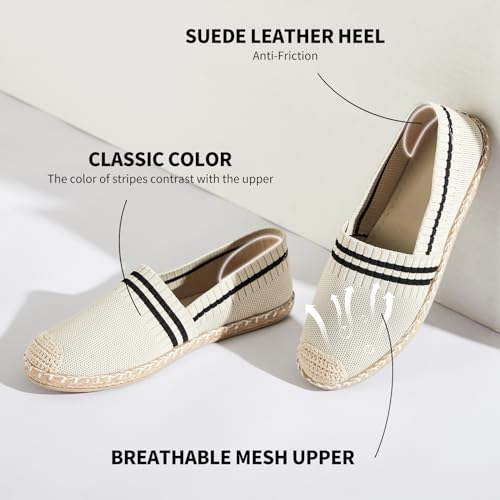 BABUDOG Womens Espadrilles Breathable Flats Shoes Mesh Slip on Loafers Soft White Flats(Beige.US5) - Image 3