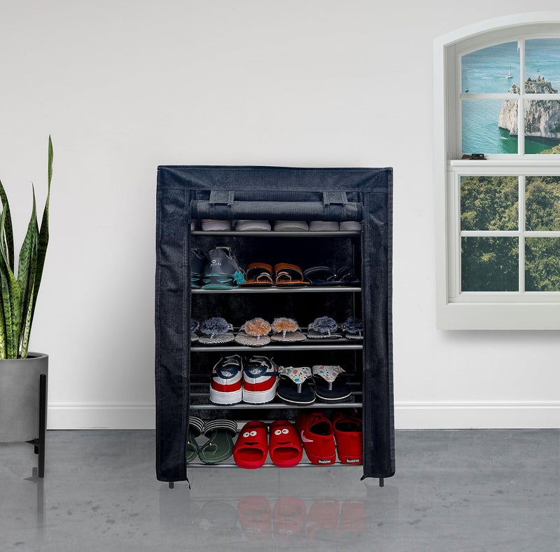 PHILOSHOP Multipurpose Collapsible Conduid Pipe Shoe Rack Wardrobe 5 Layer with Cover Waterproof Dust Resistance (Black, Metal) - Image 1