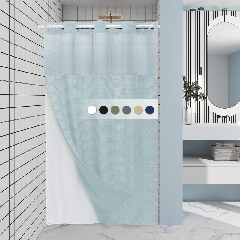 EUTXL FOG Blue Stall No Hook Shower Stain مع Snap في بطانة 230GSM الستائر نسج Waffle Waffle للحمام 54W × 80H - Image 1