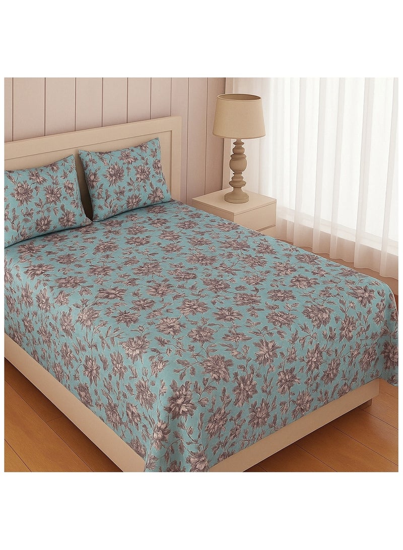 King Size Flat Cotton Bedsheet (270x240 cm) with Two Pillowcases   Blue Floral Print  - Image 1