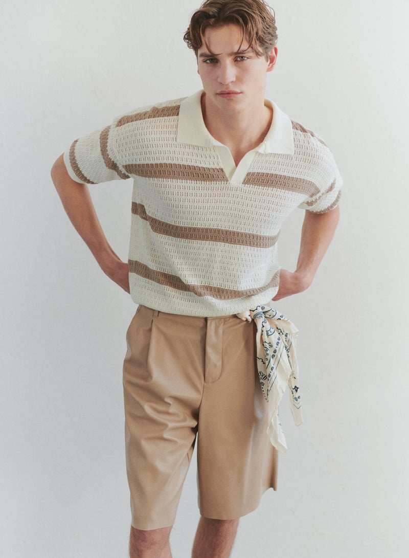 trendyol Ecru Regular Polo Neck Striped Knitwear Polo Neck T-Shirt Tmnss24Po00004 - Image 1