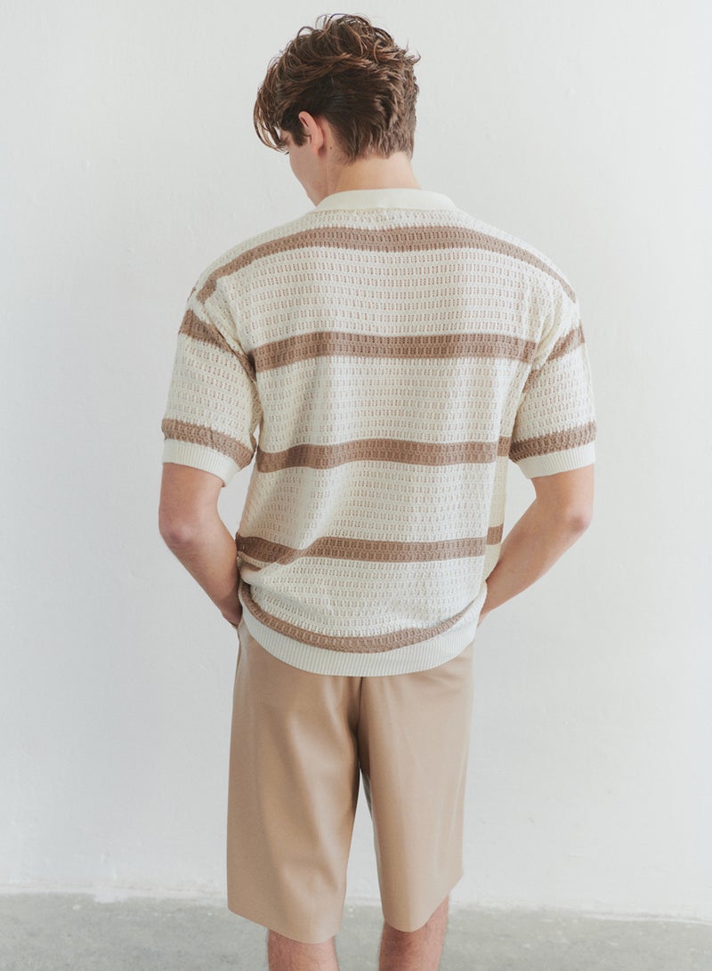 trendyol Ecru Regular Polo Neck Striped Knitwear Polo Neck T-Shirt Tmnss24Po00004 - Image 2