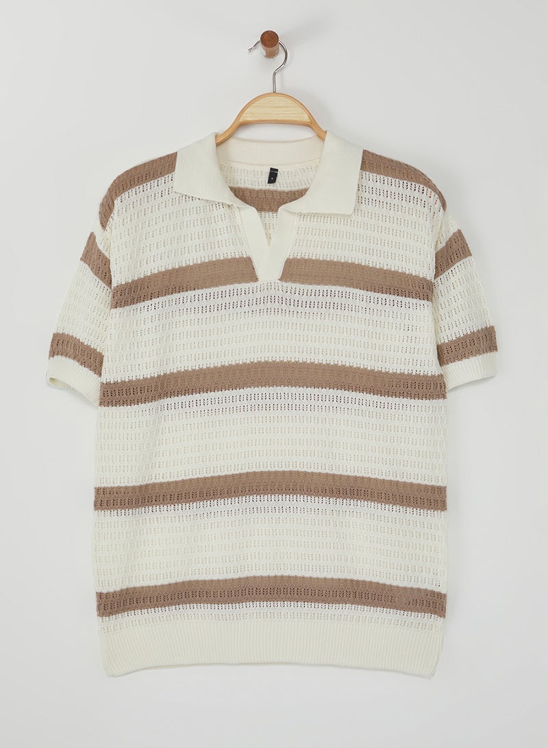 trendyol Ecru Regular Polo Neck Striped Knitwear Polo Neck T-Shirt Tmnss24Po00004 - Image 3