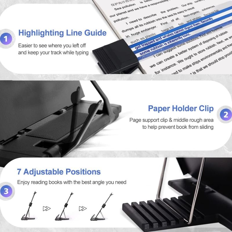 Desktop Document Holder: 7 Adjustable Positions, Sturdy Black Metal Construction - Holds A4 Letters Music Books Tablets, for Office Typing Speech Reading Use - Image 4