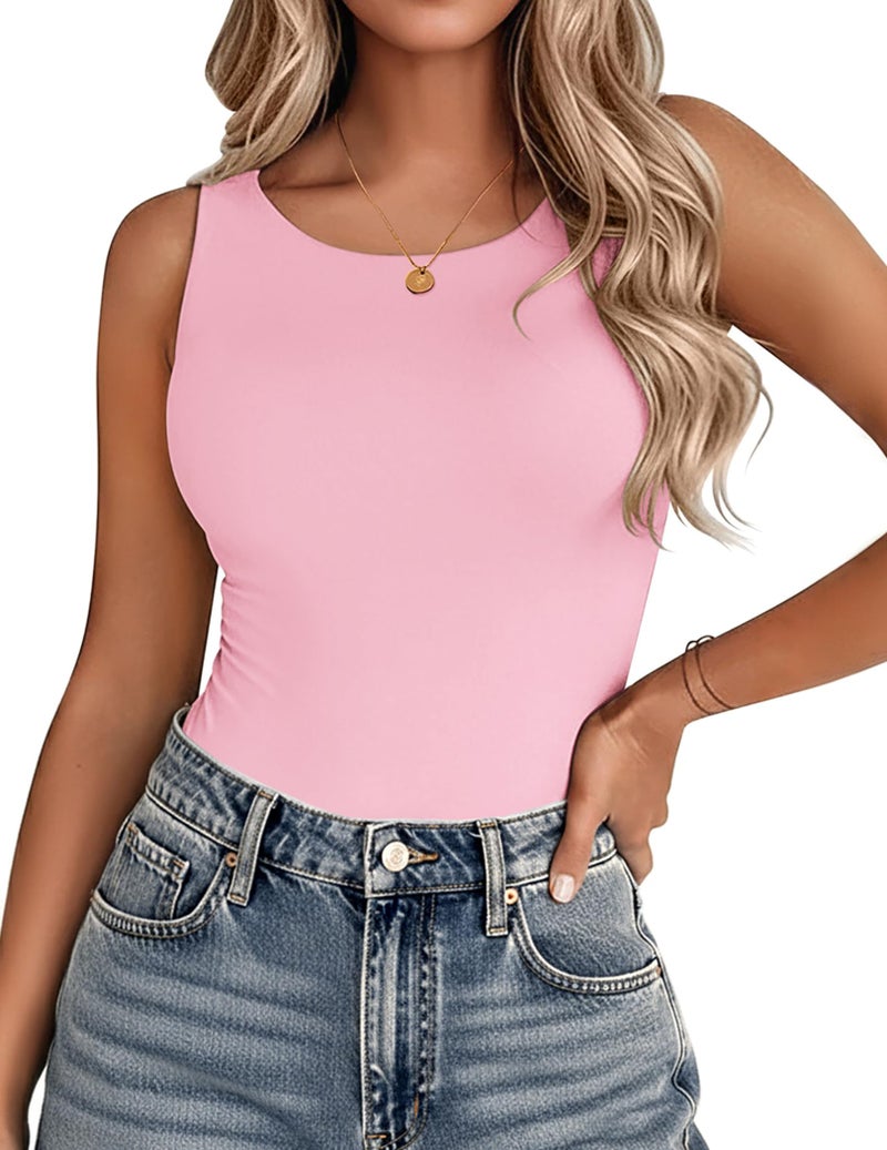 Zeagoo Womens Double Lined Crew Neck Tank Tops Cute Summer Sleeveless Workout Tops Basic Going Out Clothes 2026 Pink - Image 1