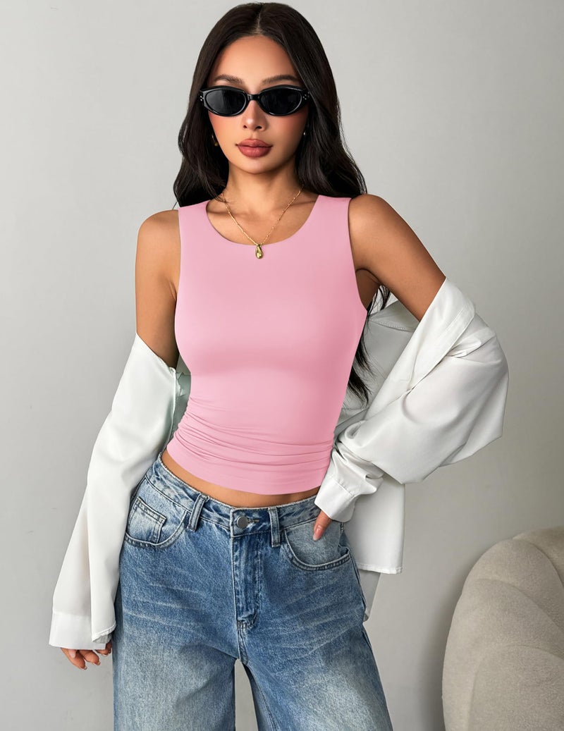 Zeagoo Womens Double Lined Crew Neck Tank Tops Cute Summer Sleeveless Workout Tops Basic Going Out Clothes 2026 Pink - Image 5