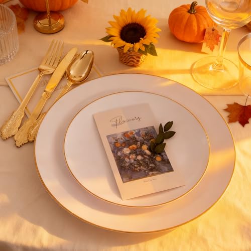 KIRE 100PCS Disposable Plates - White with Gold Rim for Thanksgiving Party/Wedding - Includes 50Pieces 10.25inch Dinner and 50Pieces 7.5inch Dessert/Salad Plates - Image 3