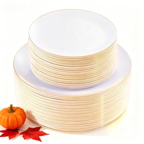 KIRE 100PCS Disposable Plates - White with Gold Rim for Thanksgiving Party/Wedding - Includes 50Pieces 10.25inch Dinner and 50Pieces 7.5inch Dessert/Salad Plates - Image 1