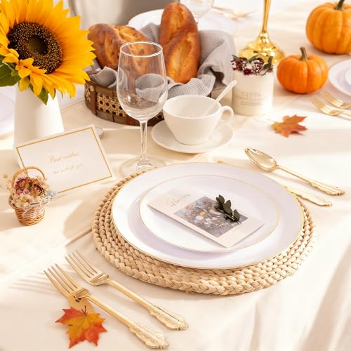 KIRE 100PCS Disposable Plates - White with Gold Rim for Thanksgiving Party/Wedding - Includes 50Pieces 10.25inch Dinner and 50Pieces 7.5inch Dessert/Salad Plates - Image 2