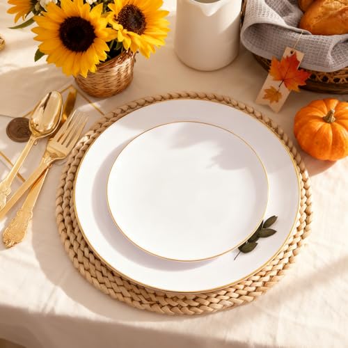 KIRE 100PCS Disposable Plates - White with Gold Rim for Thanksgiving Party/Wedding - Includes 50Pieces 10.25inch Dinner and 50Pieces 7.5inch Dessert/Salad Plates - Image 4
