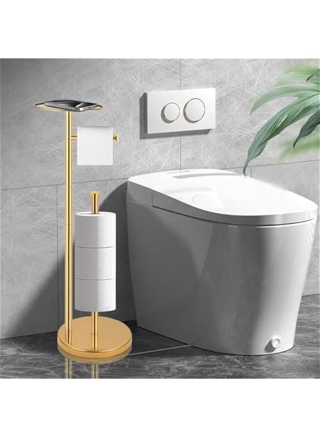 هوكور Toriseek Toilet Paper Holder Free Standing with Top Storage Shelf, Stainless Steel Toilet Paper Holder Stand, Freestanding Toilet Tissue Roll Dispenser Holds 4 Paper Rolls, Bathroom Storage (Gold) - Image 1