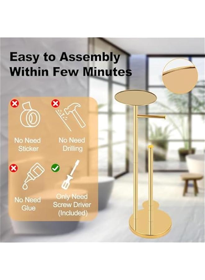 هوكور Toriseek Toilet Paper Holder Free Standing with Top Storage Shelf, Stainless Steel Toilet Paper Holder Stand, Freestanding Toilet Tissue Roll Dispenser Holds 4 Paper Rolls, Bathroom Storage (Gold) - Image 3
