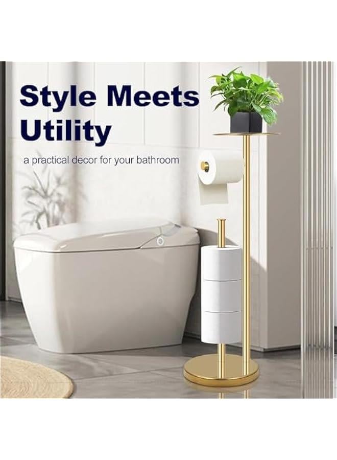 هوكور Toriseek Toilet Paper Holder Free Standing with Top Storage Shelf, Stainless Steel Toilet Paper Holder Stand, Freestanding Toilet Tissue Roll Dispenser Holds 4 Paper Rolls, Bathroom Storage (Gold) - Image 5