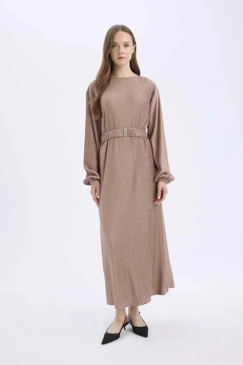 DeFacto Regular Fit Crew Neck Pleat Dress