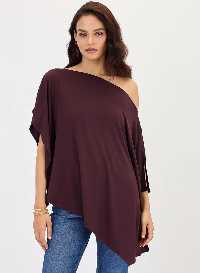 Wine One Shoulder Knitted Kimono Top