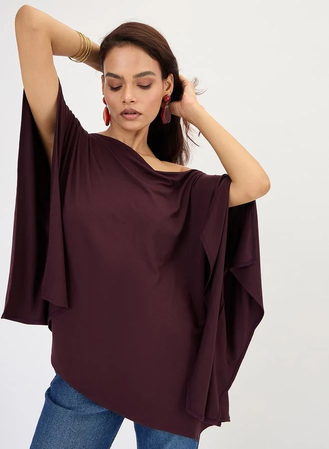 Femmella Wine One Shoulder Knitted Kimono Top