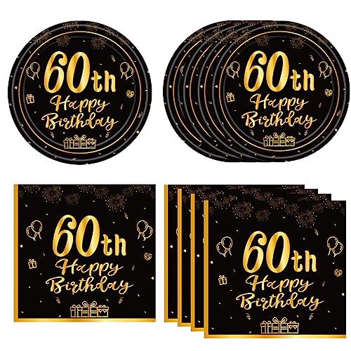 KHAIVI 40PCS 60th Birthday Party Decorations Vintage Black and Gold 1966 60 Year Old Party Supplies 60th Birthday Party Paper Dessert Plates and Napkins Dinnerware Kit for Men Women - Image 1