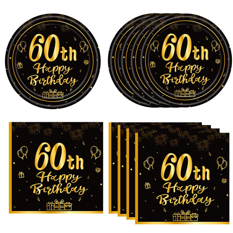 KHAIVI 40PCS 60th Birthday Party Decorations Vintage Black and Gold 1966 60 Year Old Party Supplies 60th Birthday Party Paper Dessert Plates and Napkins Dinnerware Kit for Men Women - Image 2