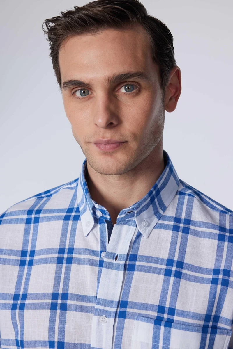 تودورس Classic Fit Short Sleeve Button Collar Single Pocket Checked Summer Linen Effect Men's Shirt