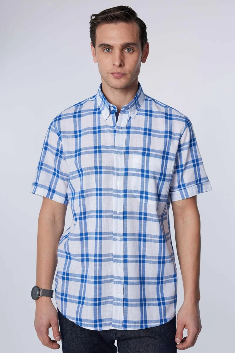 تودورس Classic Fit Short Sleeve Button Collar Single Pocket Checked Summer Linen Effect Men's Shirt