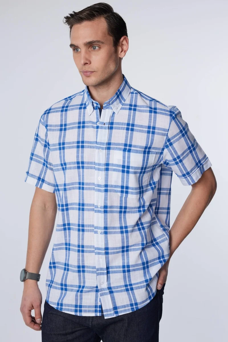 تودورس Classic Fit Short Sleeve Button Collar Single Pocket Checked Summer Linen Effect Men's Shirt