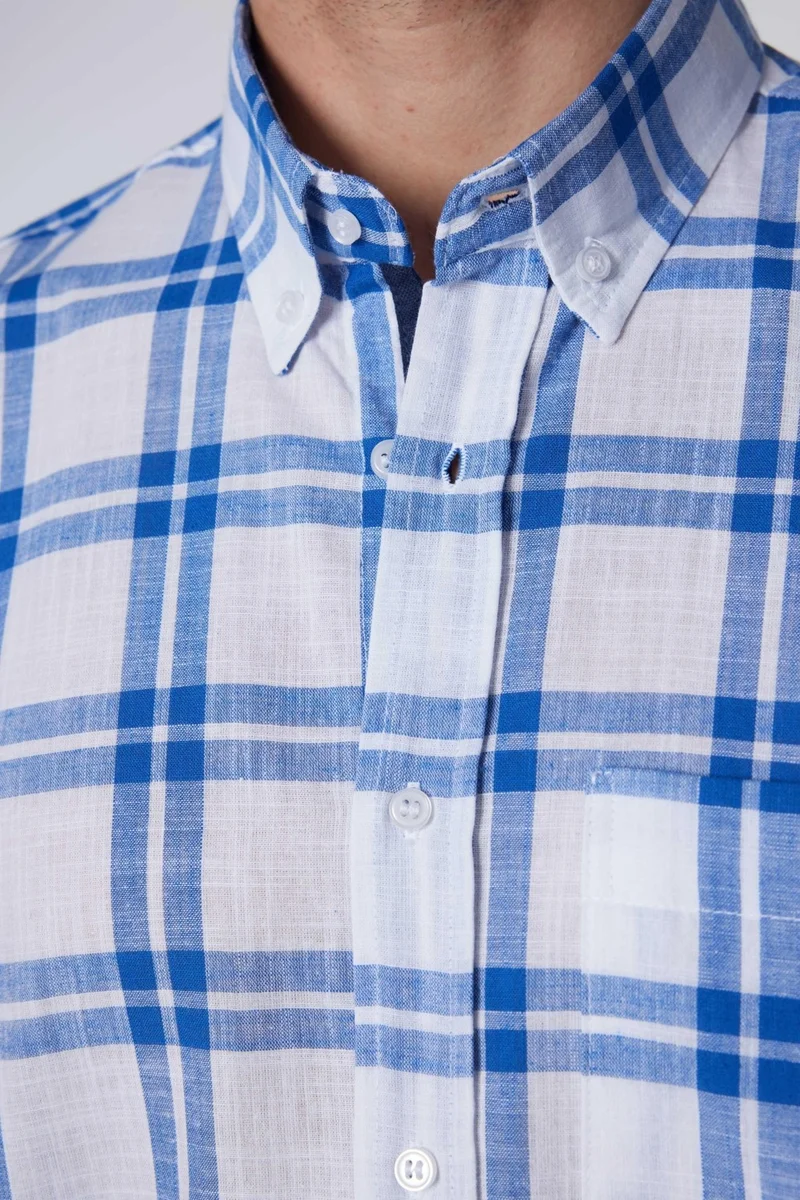 تودورس Classic Fit Short Sleeve Button Collar Single Pocket Checked Summer Linen Effect Men's Shirt