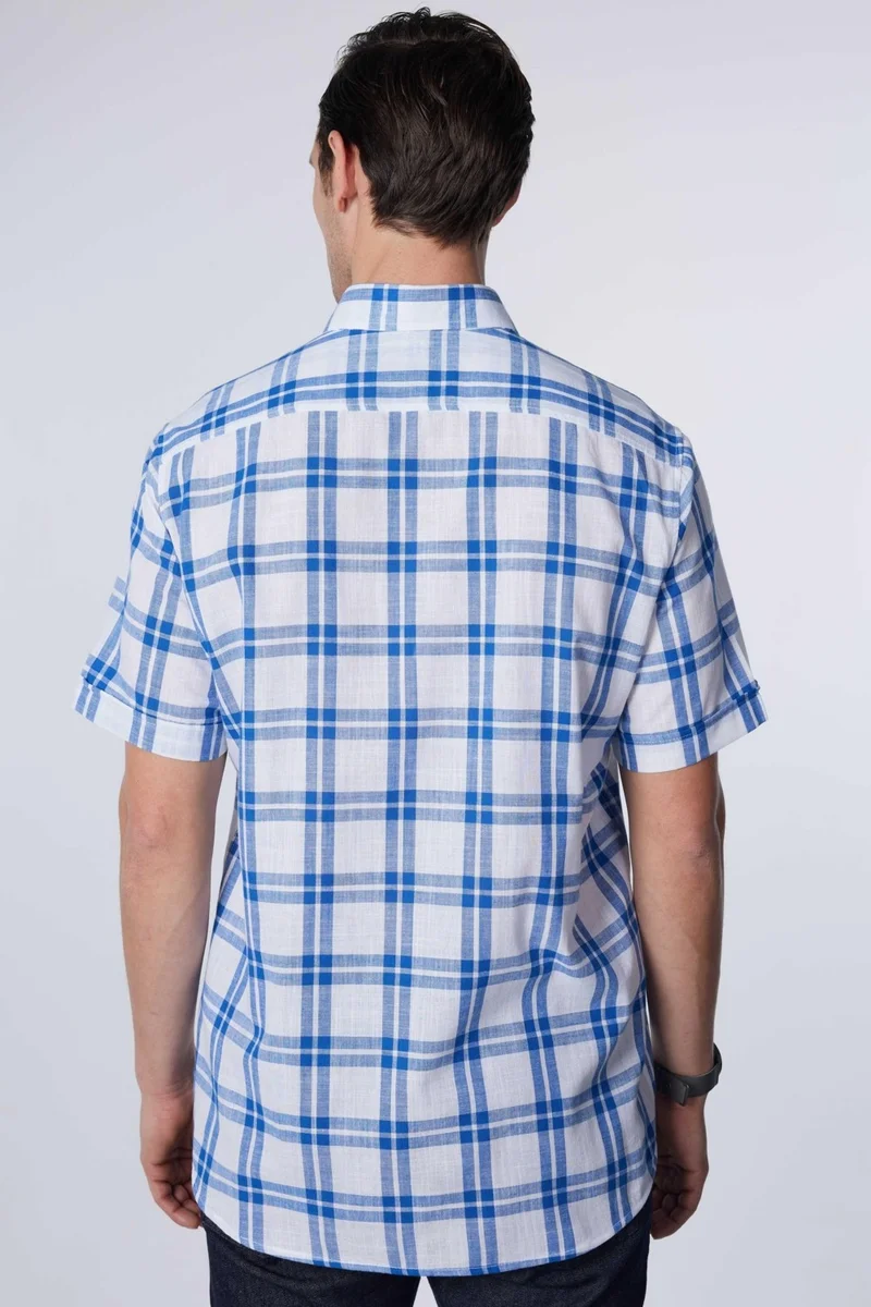 تودورس Classic Fit Short Sleeve Button Collar Single Pocket Checked Summer Linen Effect Men's Shirt