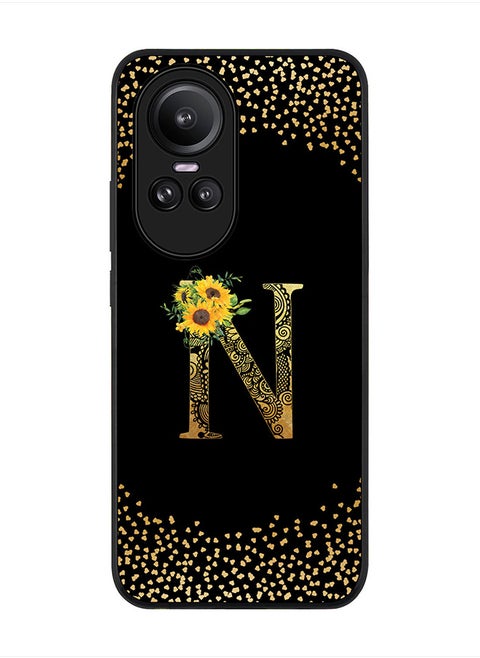 Rugged Black Edge case for Oppo Reno10 / Oppo Reno10 Pro, Slim fit   Custom Monogram Initial Letter Mandala Floral Pattern Alphabet- N (Black)