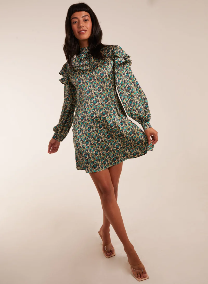 Blue Vanilla Ruffle Sleeve High Neck Swing Dress