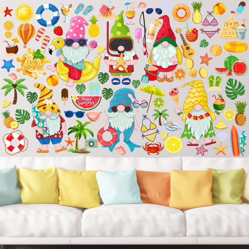 Glenmal 91 Pieces Summer Wall Sticker Gnome Stickers Hawaii Wall Stickers Beach Tropical Pool Pineapple Static Wall Decal for Wall Beach Themed Birthday Summer Hawaii Party Decoration - Image 3