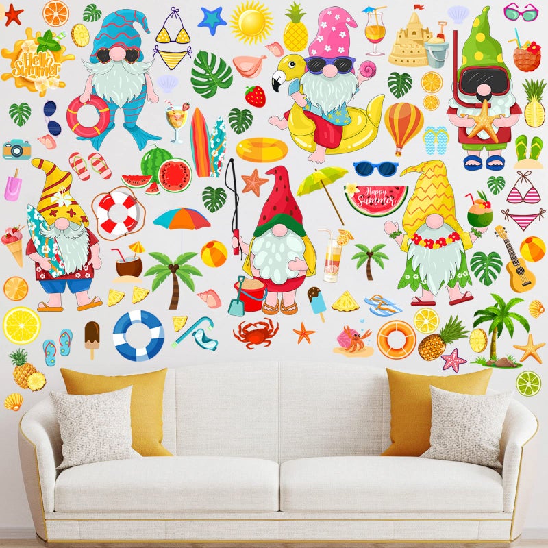 Glenmal 91 Pieces Summer Wall Sticker Gnome Stickers Hawaii Wall Stickers Beach Tropical Pool Pineapple Static Wall Decal for Wall Beach Themed Birthday Summer Hawaii Party Decoration - Image 1