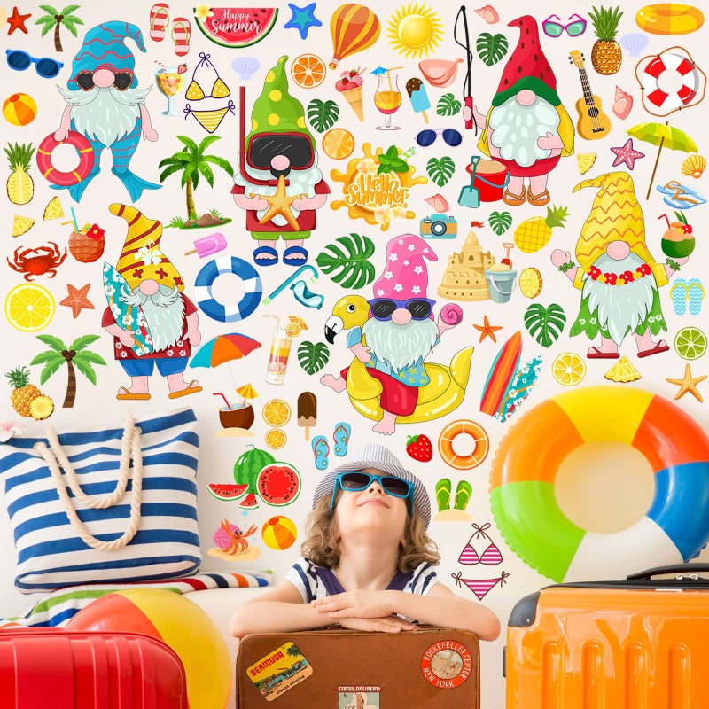 Glenmal 91 Pieces Summer Wall Sticker Gnome Stickers Hawaii Wall Stickers Beach Tropical Pool Pineapple Static Wall Decal for Wall Beach Themed Birthday Summer Hawaii Party Decoration - Image 4