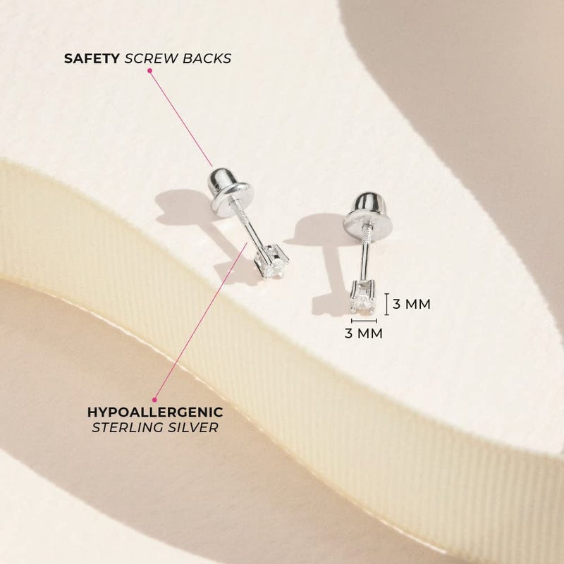 In Season Jewelry أقراط أطفال من الفضة الإسترلينية 925 بحجر زركونيا مكعب شفاف دائري 3 مم، أقراط قفل لولبي للبنات للأطفال الرضع والصغار، مناسبة للأطفال حديثي الثقب في أي مناسبة - Image 4