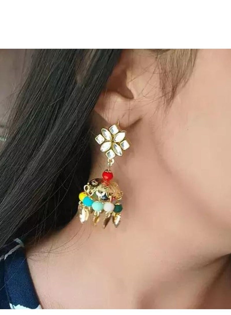 Punjabi Multi Color Gold Plated Brass Jhumkas - Image 1